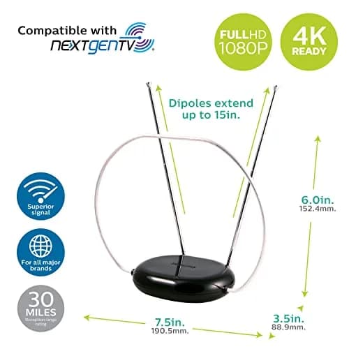 Philips Rabbit Ears Indoor TV Antenna, Dipole & Circular Loop | 1080p HD, 4K/8K Ready, ATSC 3.0, Black thumbnail 2