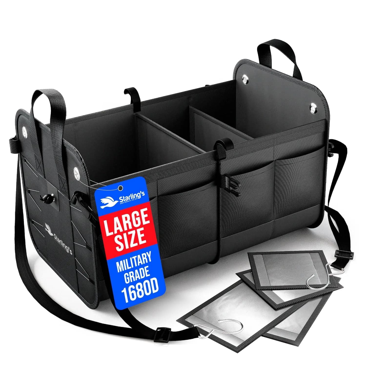 Starling's Car Trunk Organizer Large Collapsible Waterproof Storage Box for SUV, Truck & Car | Adjustable Compartments, Heavy-Duty 1680D Polyester, Non-Slip Base