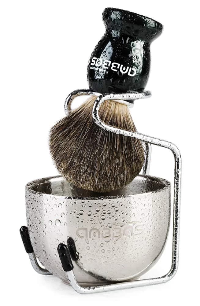 Anbbas Pure Badger Shaving Brush with Wood Handle, Stainless Steel Stand & Bowl | 4-Piece Set - main product image