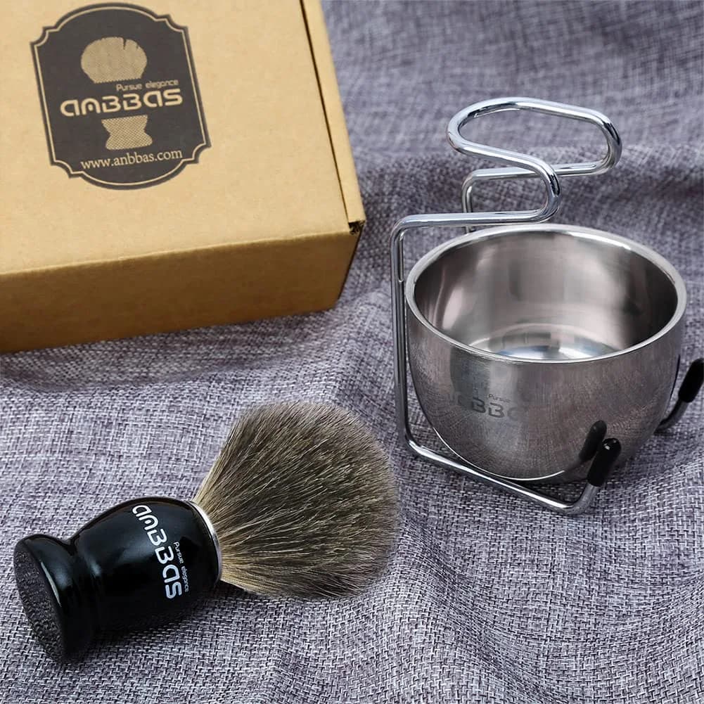 Anbbas Pure Badger Shaving Brush with Wood Handle, Stainless Steel Stand & Bowl | 4-Piece Set - view 5