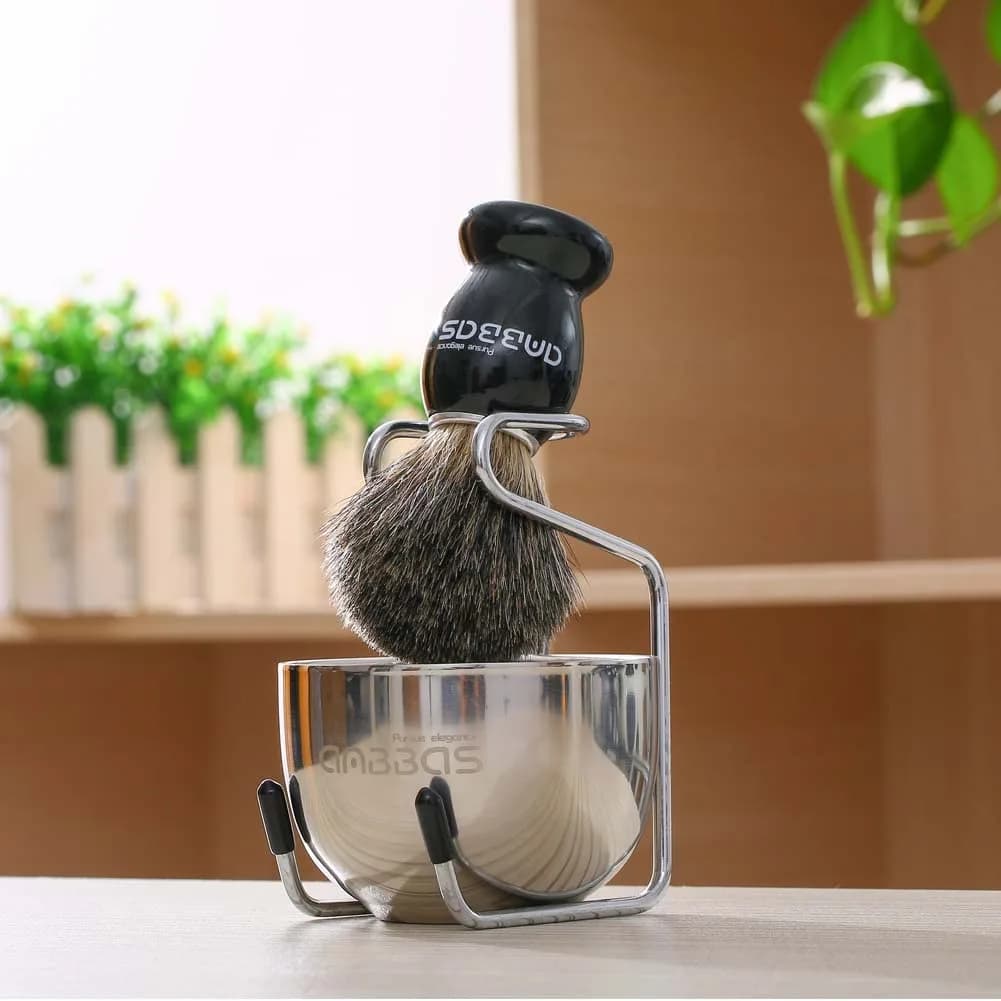 Anbbas Pure Badger Shaving Brush with Wood Handle, Stainless Steel Stand & Bowl | 4-Piece Set - view 2