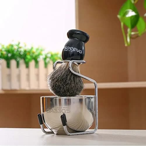 Anbbas Pure Badger Shaving Brush with Wood Handle, Stainless Steel Stand & Bowl | 4-Piece Set thumbnail 2
