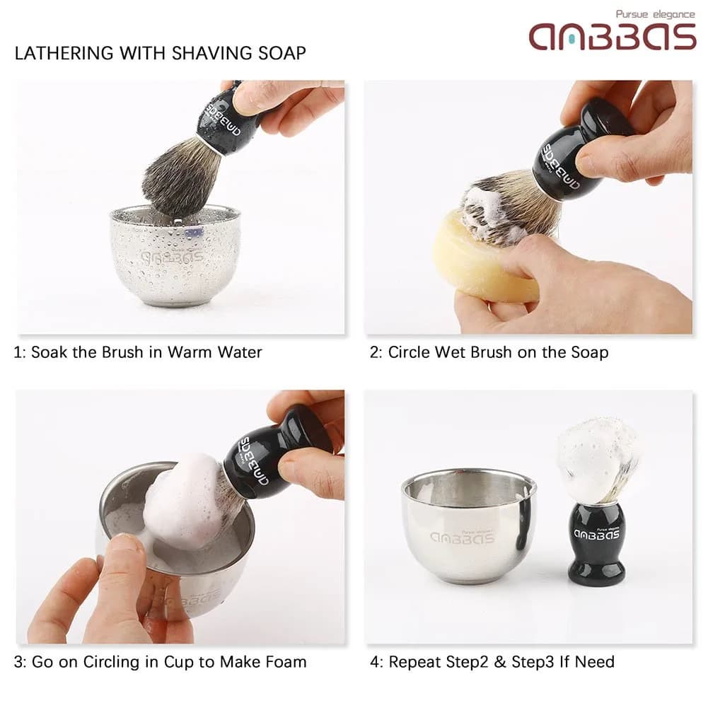 Anbbas Pure Badger Shaving Brush with Wood Handle, Stainless Steel Stand & Bowl | 4-Piece Set - view 4