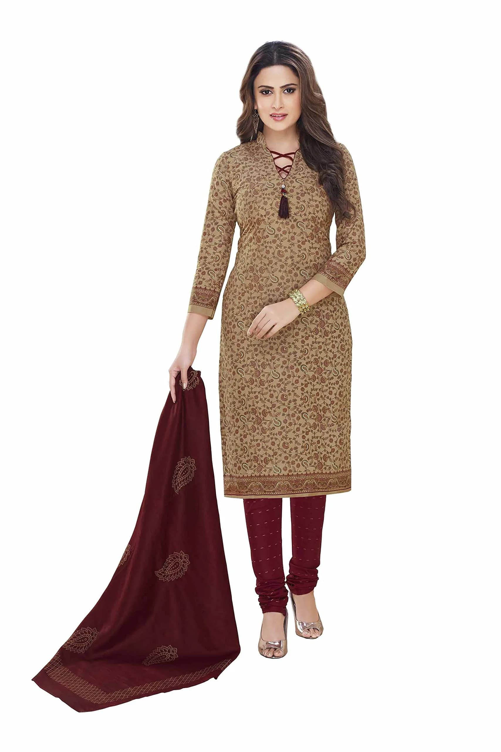 Miraan Women's Printed Cotton Dress Material Free Size Brown | Unstitched Casual Wear — Brown
