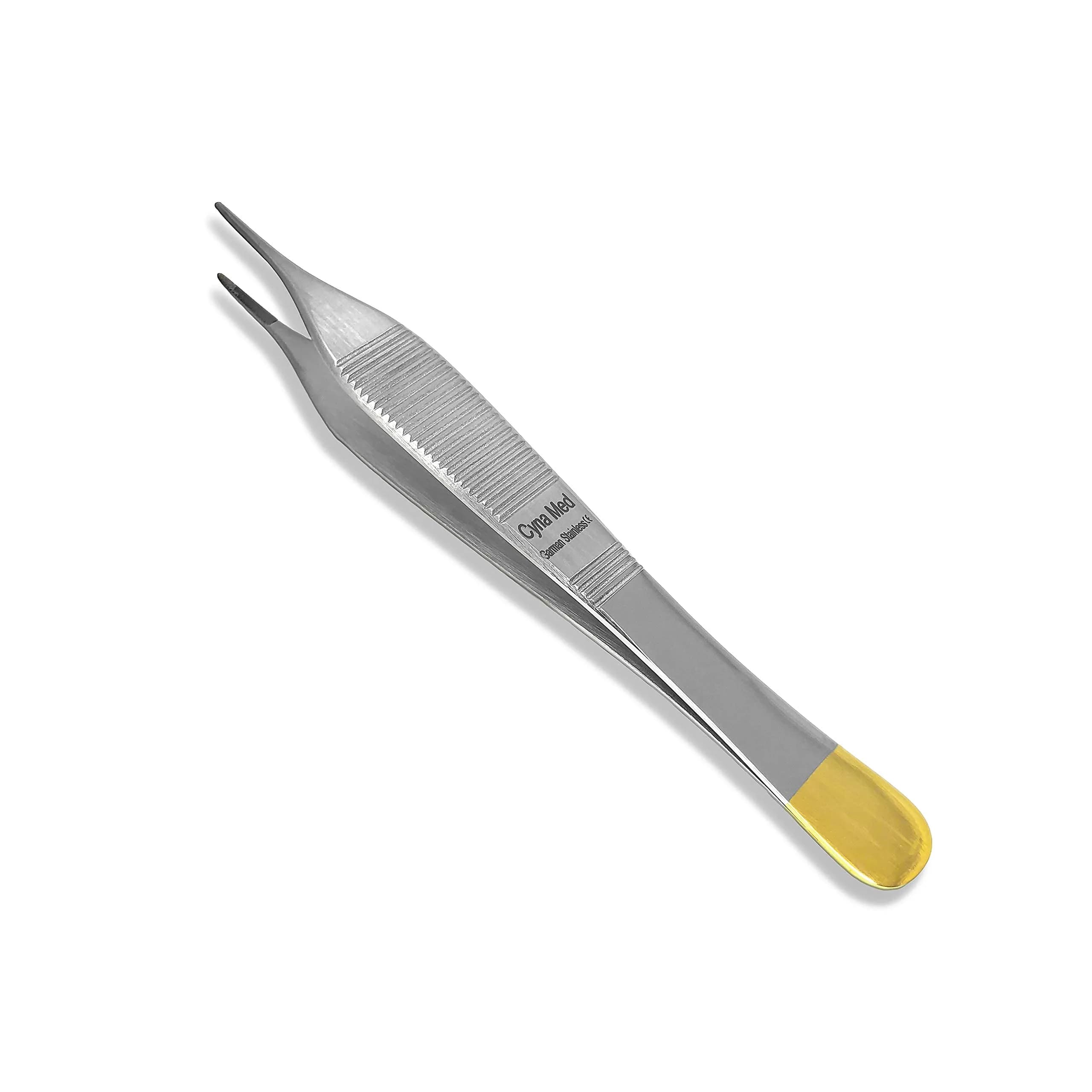 Cynamed 4.75" Adson Plastic Surgery Forceps with Tungsten Carbide Inserts | Serrated Tips, Gold Handle — Serrated Tips