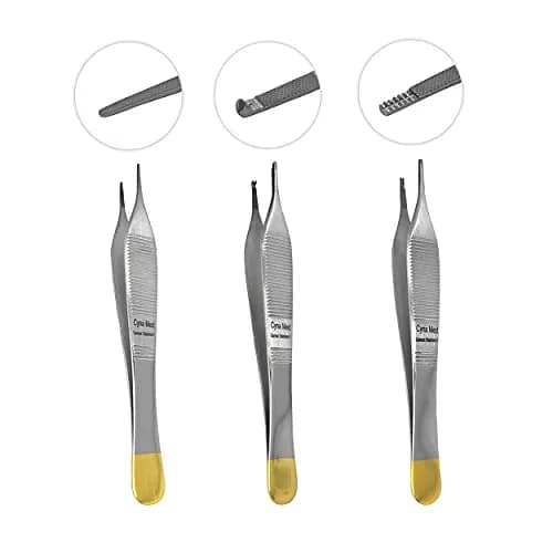 Cynamed 4.75" Adson Plastic Surgery Forceps with Tungsten Carbide Inserts | Serrated Tips, Gold Handle thumbnail 5