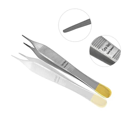 Cynamed 4.75" Adson Plastic Surgery Forceps with Tungsten Carbide Inserts | Serrated Tips, Gold Handle thumbnail 2
