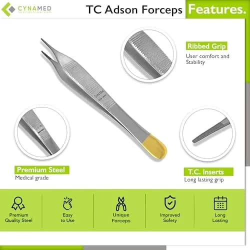 Cynamed 4.75" Adson Plastic Surgery Forceps with Tungsten Carbide Inserts | Serrated Tips, Gold Handle thumbnail 3