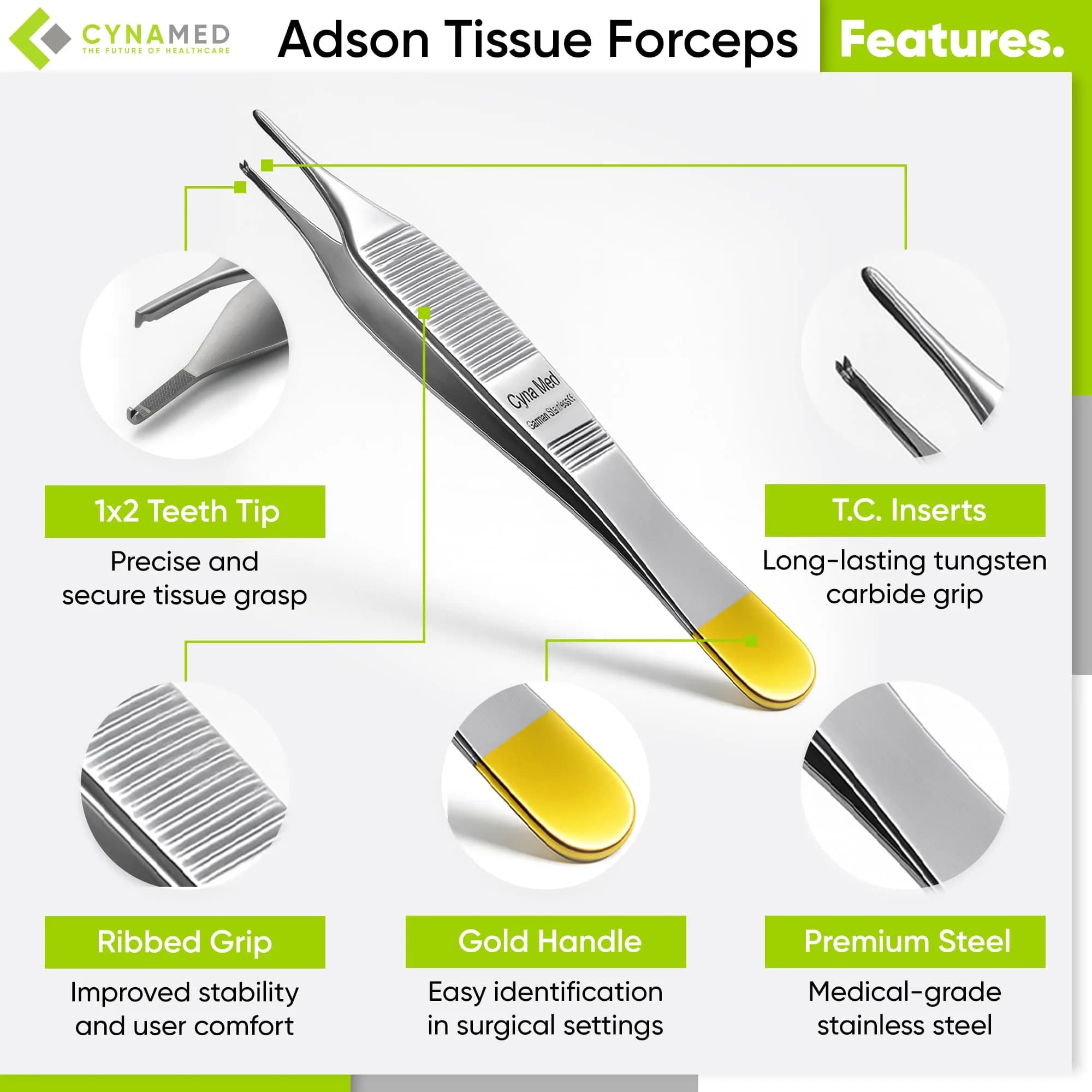 Cynamed Adson Plastic Surgery Forceps 4.75" Straight Fine Point | Tungsten Carbide Inserts with Gold Handle thumbnail 2
