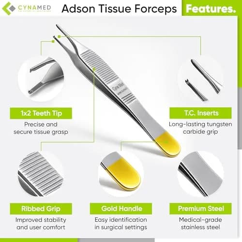 Cynamed Adson Plastic Surgery Forceps 4.75" Straight Fine Point | Tungsten Carbide Inserts with Gold Handle thumbnail 2