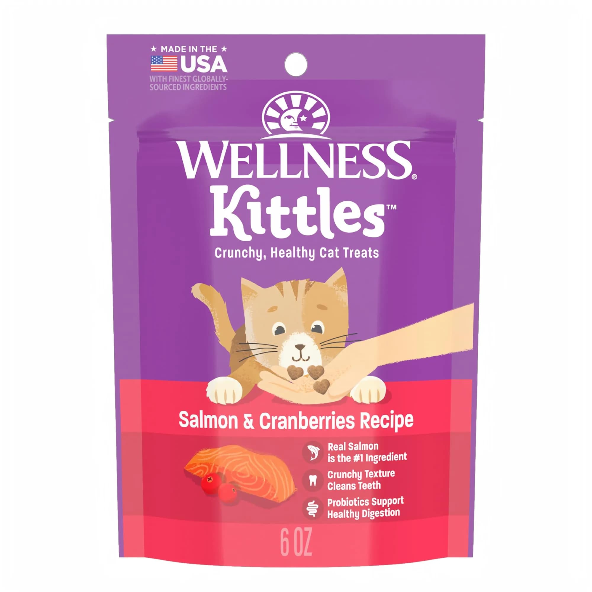 Wellness Kittles Crunchy Cat Treats, Salmon & Cranberry Flavor, 6 oz Bag | Grain-Free Dental Care - main product image