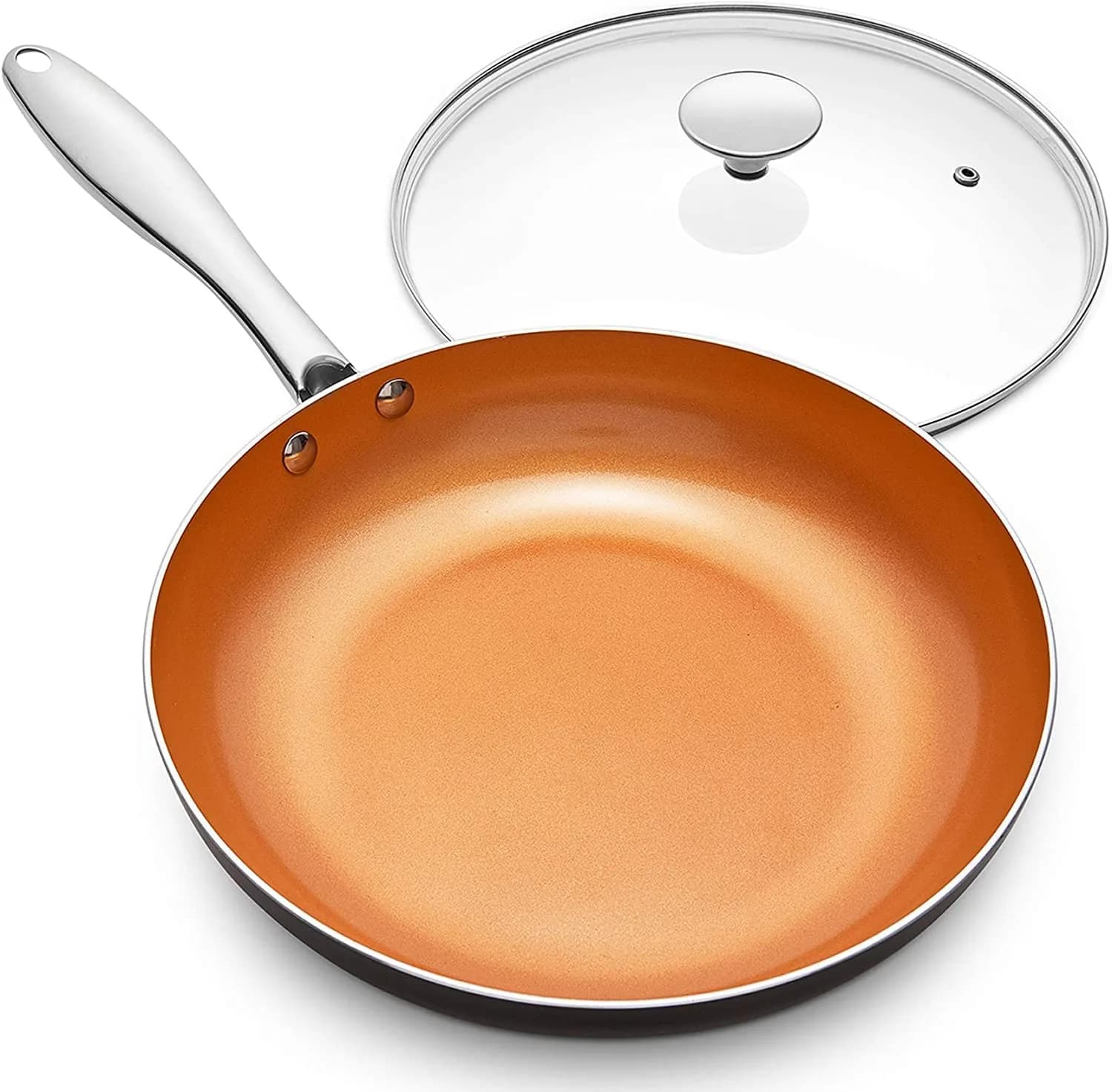 MICHELANGELO 8 Inch Nonstick Frying Pan with Lid | Copper Ceramic Titanium Coating, German Standard Quality — Orange
