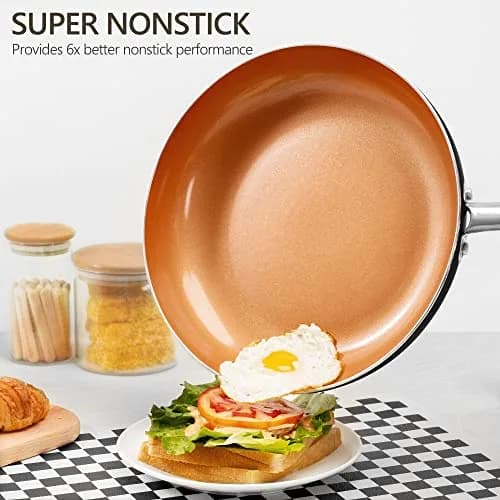 MICHELANGELO 8 Inch Nonstick Frying Pan with Lid | Copper Ceramic Titanium Coating, German Standard Quality thumbnail 2
