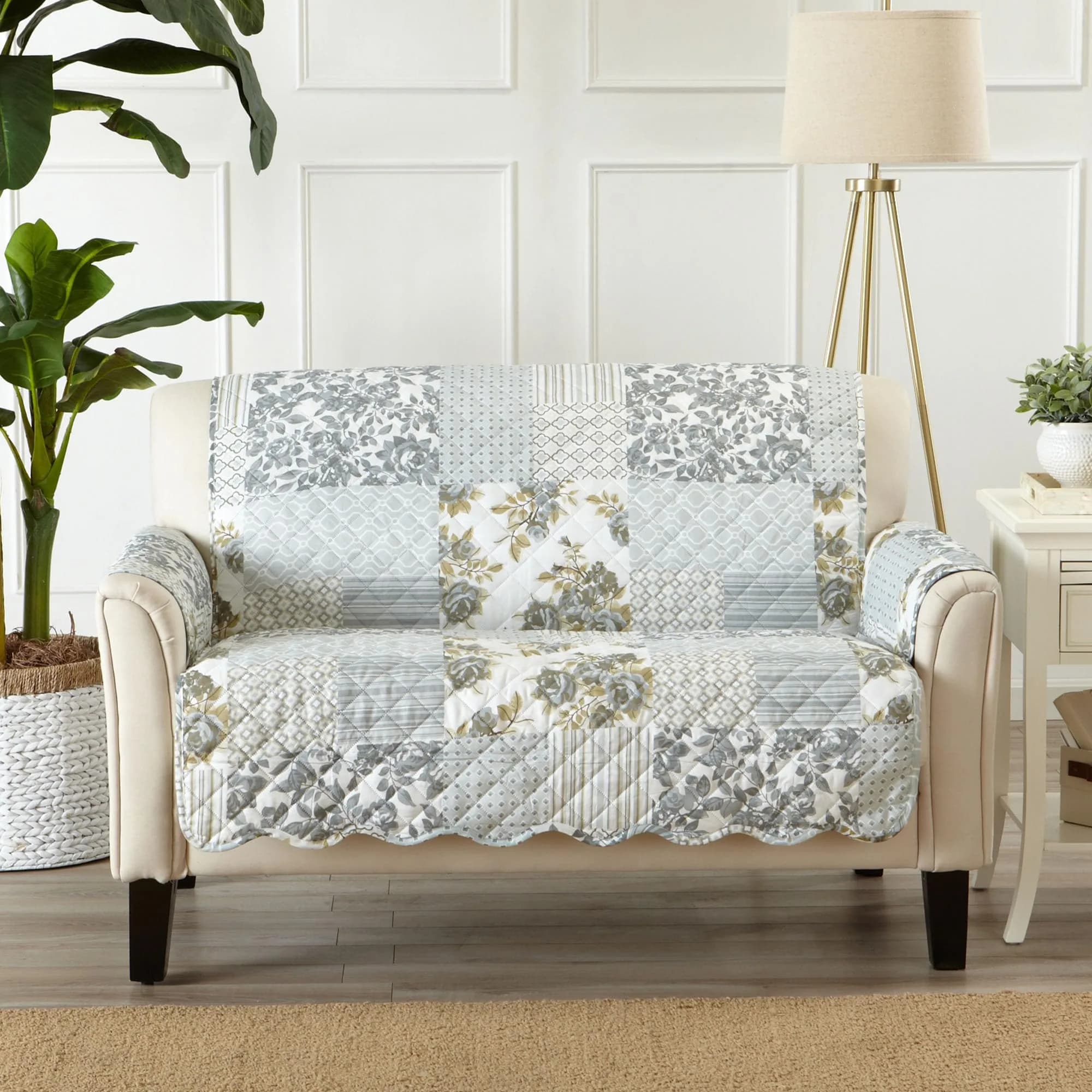Great Bay Home Reversible Quilted Loveseat Cover, Sage Green/Light Gray | Elegant & Durable Microfiber — Patchwork - Grey