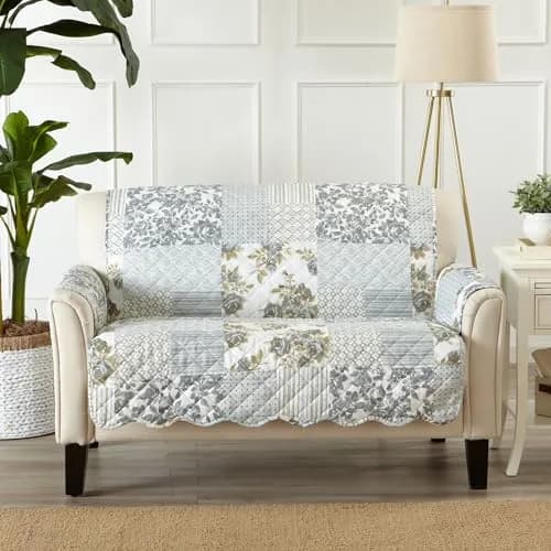 Great Bay Home Reversible Floral Patchwork Loveseat Cover, Patchwork - Grey | Cottage-Inspired Decor & Furniture Protection thumbnail 1