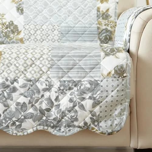 Great Bay Home Reversible Floral Patchwork Loveseat Cover, Patchwork - Grey | Cottage-Inspired Decor & Furniture Protection thumbnail 2