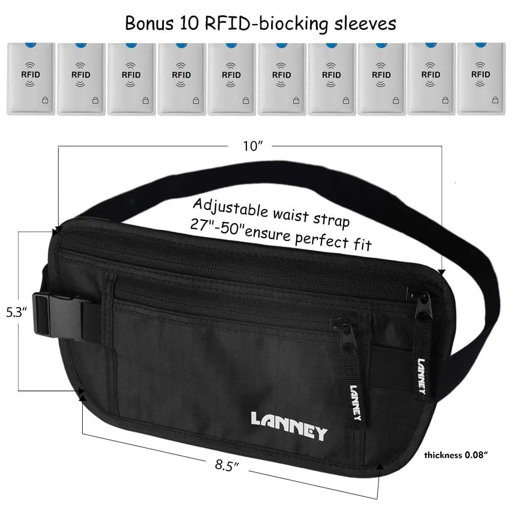LANNEY RFID Blocking Money Belt Waist Wallet with 10 Card Sleeves | Waterproof Hidden Stash for Travel - view 6