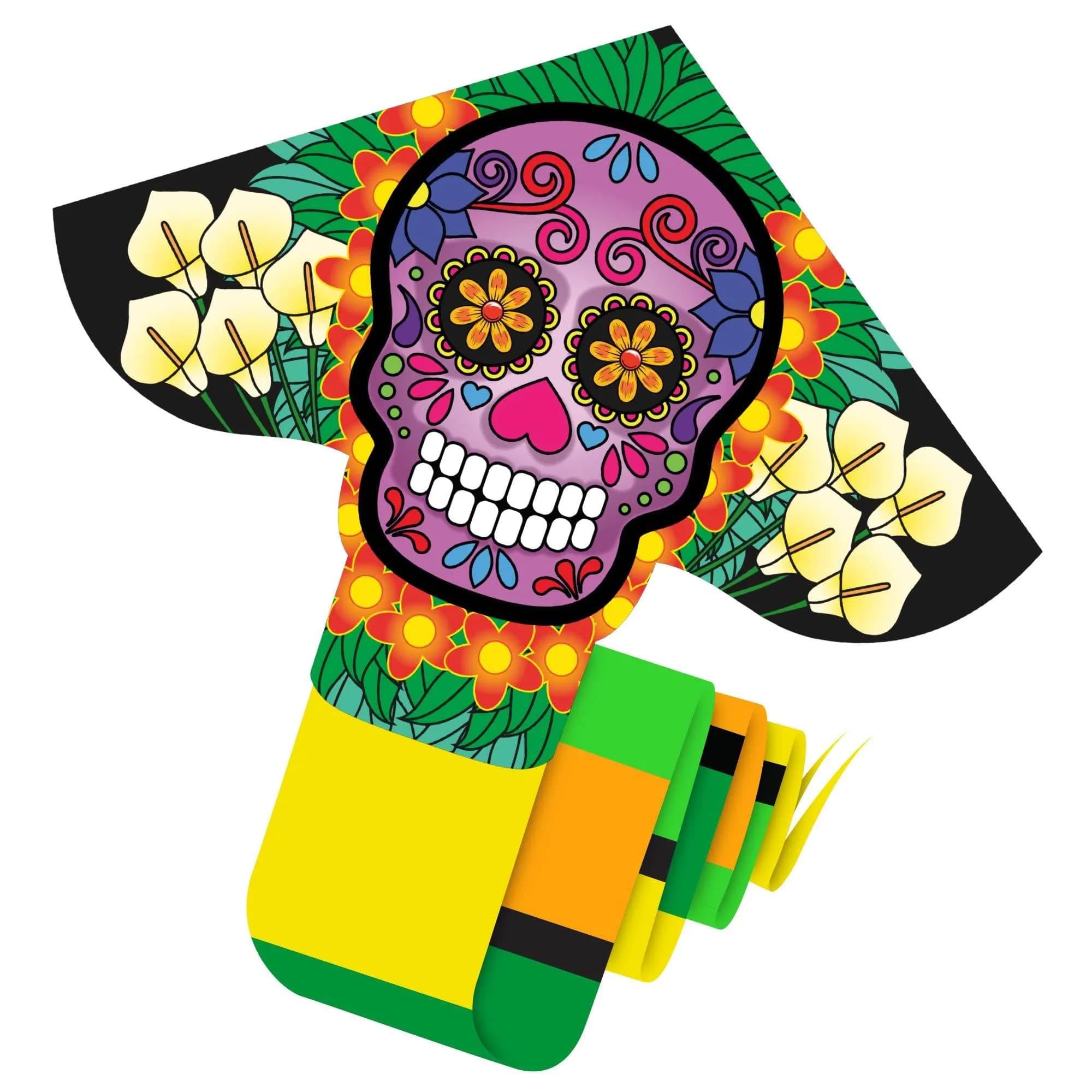 WindNSun Delta XLT Skull 40" Wide Deluxe Nylon Kite | Easy to Fly & Stable in Light Winds — Green, Purple, Orange, White, Yellow