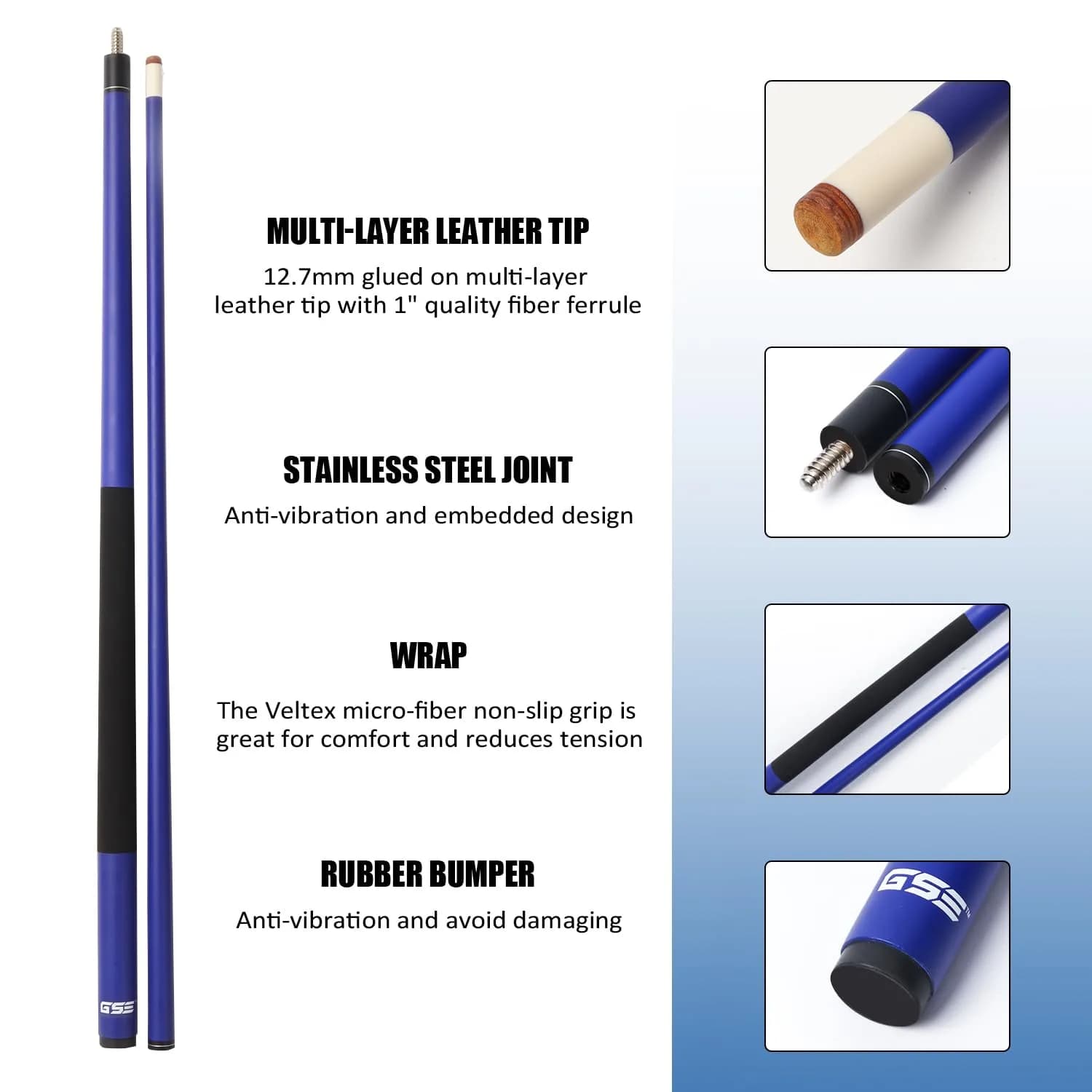 GSE Games & Sports Expert Fiberglass Graphite Pool Cue Stick 58" 20oz | Warp-Resistant Matte Blue - view 2