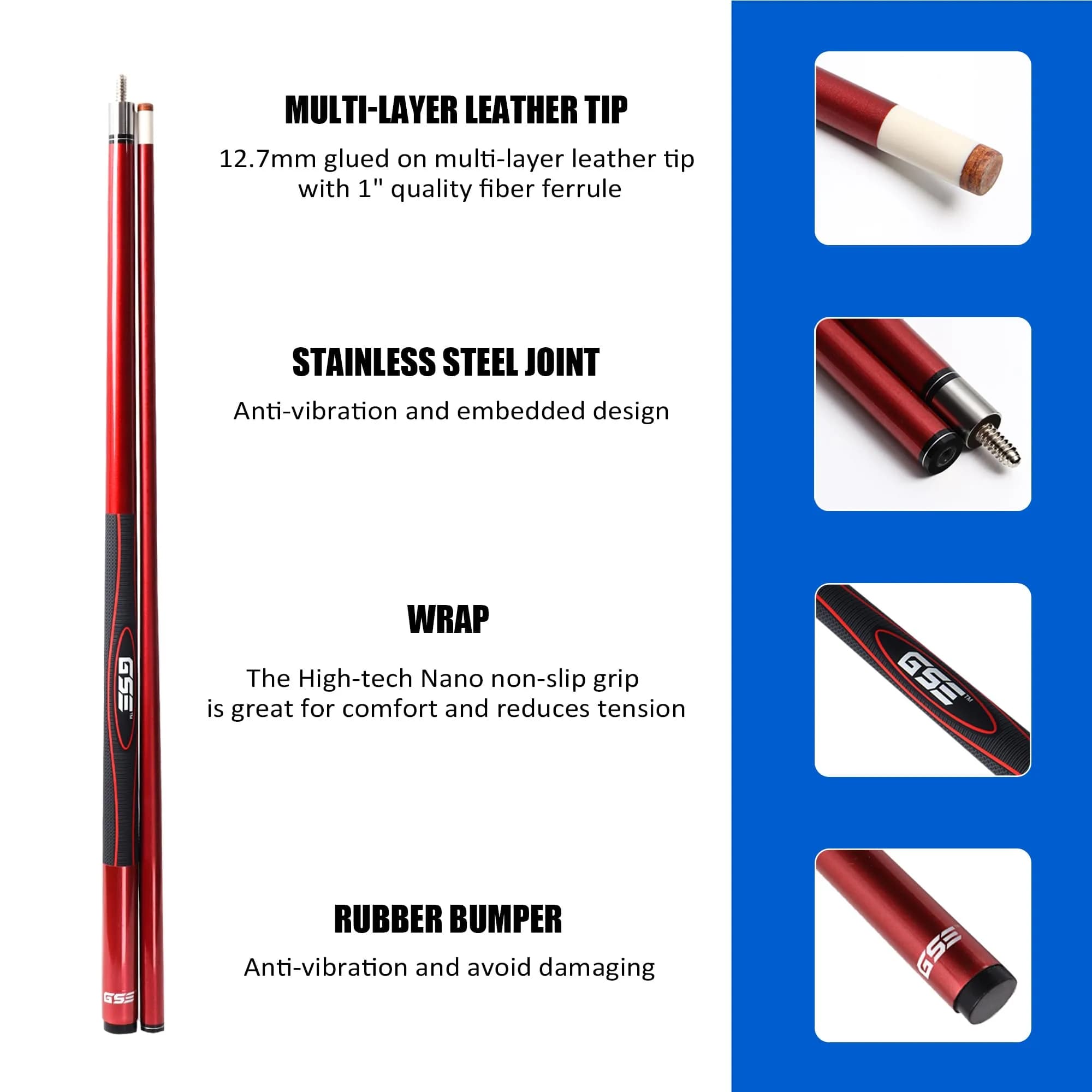 GSE Games & Sports Expert Red 18oz 2-Piece Fiberglass Graphite Composite Pool Cue Stick | 156 cm (58") Length - view 2