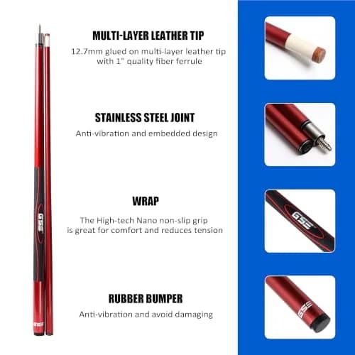 GSE Games & Sports Expert Red 18oz 2-Piece Fiberglass Graphite Composite Pool Cue Stick | 156 cm (58") Length thumbnail 2