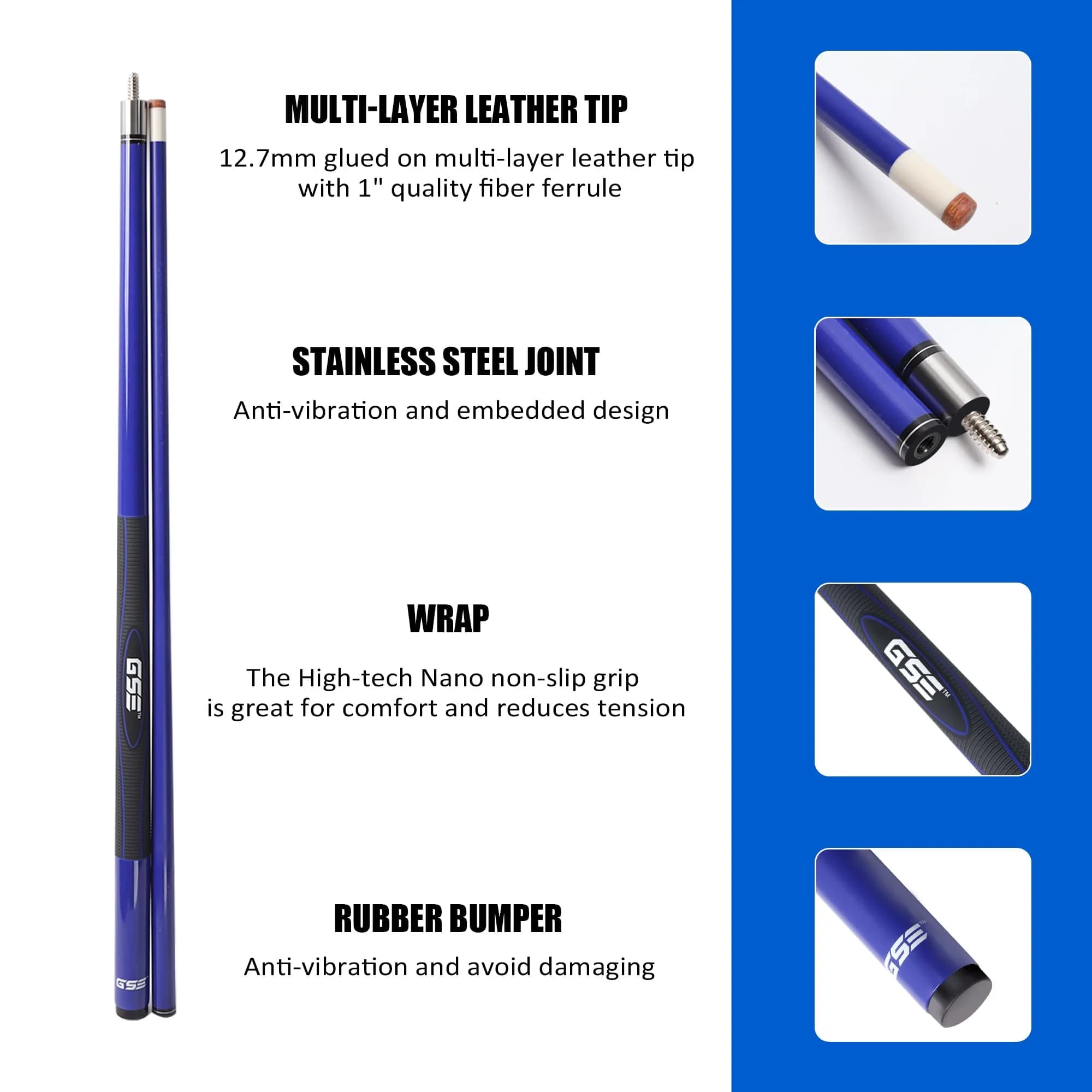 GSE Games & Sports Expert Blue 20oz 58" 2-Piece Fiberglass Graphite Composite Pool Cue Stick | Warp-Resistant Construction - view 2