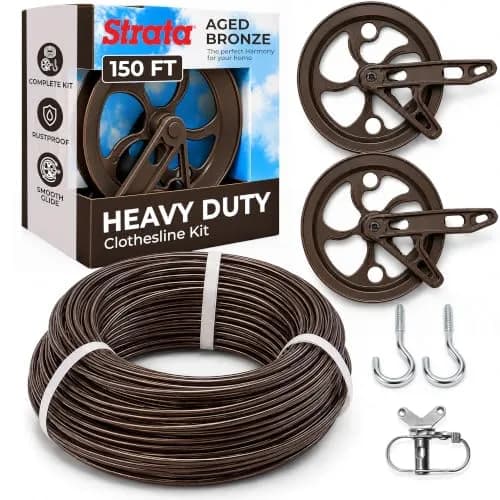 Strata Heavy-Duty Clothesline Kit, 150 ft Steel Cable, Aged Bronze | Rustproof Galvanized Steel for Outdoor Use thumbnail 1