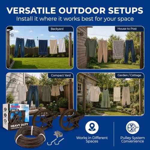 Strata Heavy-Duty Clothesline Kit, 150 ft Steel Cable, Aged Bronze | Rustproof Galvanized Steel for Outdoor Use thumbnail 6