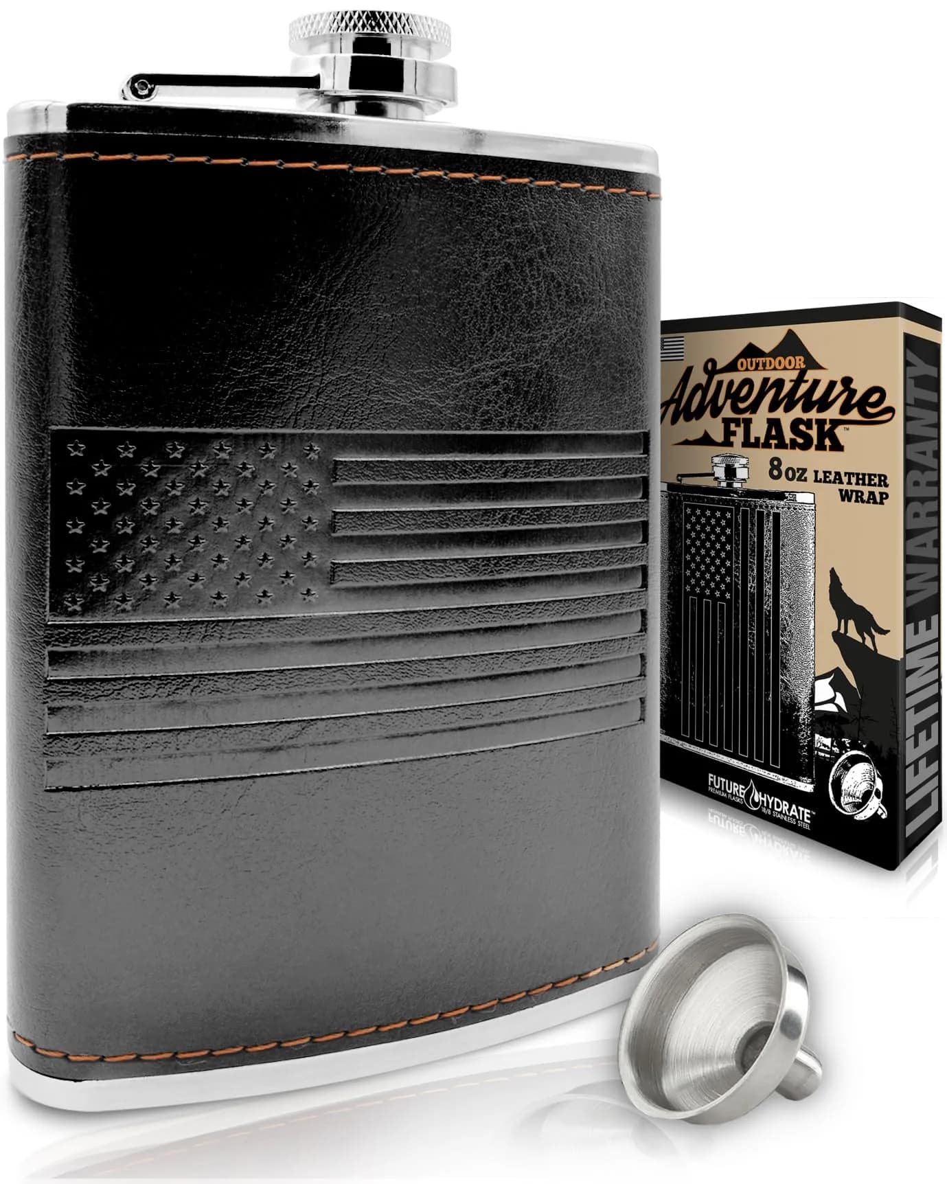 Future Hydrate Leather American Flag Hip Flask 8oz | Leak Proof, Food Grade Stainless Steel, Bonus Funnel