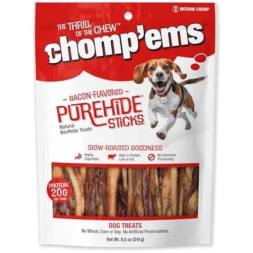 CHOMP 'EMS Purehide Bacon Flavored Sticks 8.5 oz | Long-Lasting, Protein-Rich Dog Chews thumbnail 1