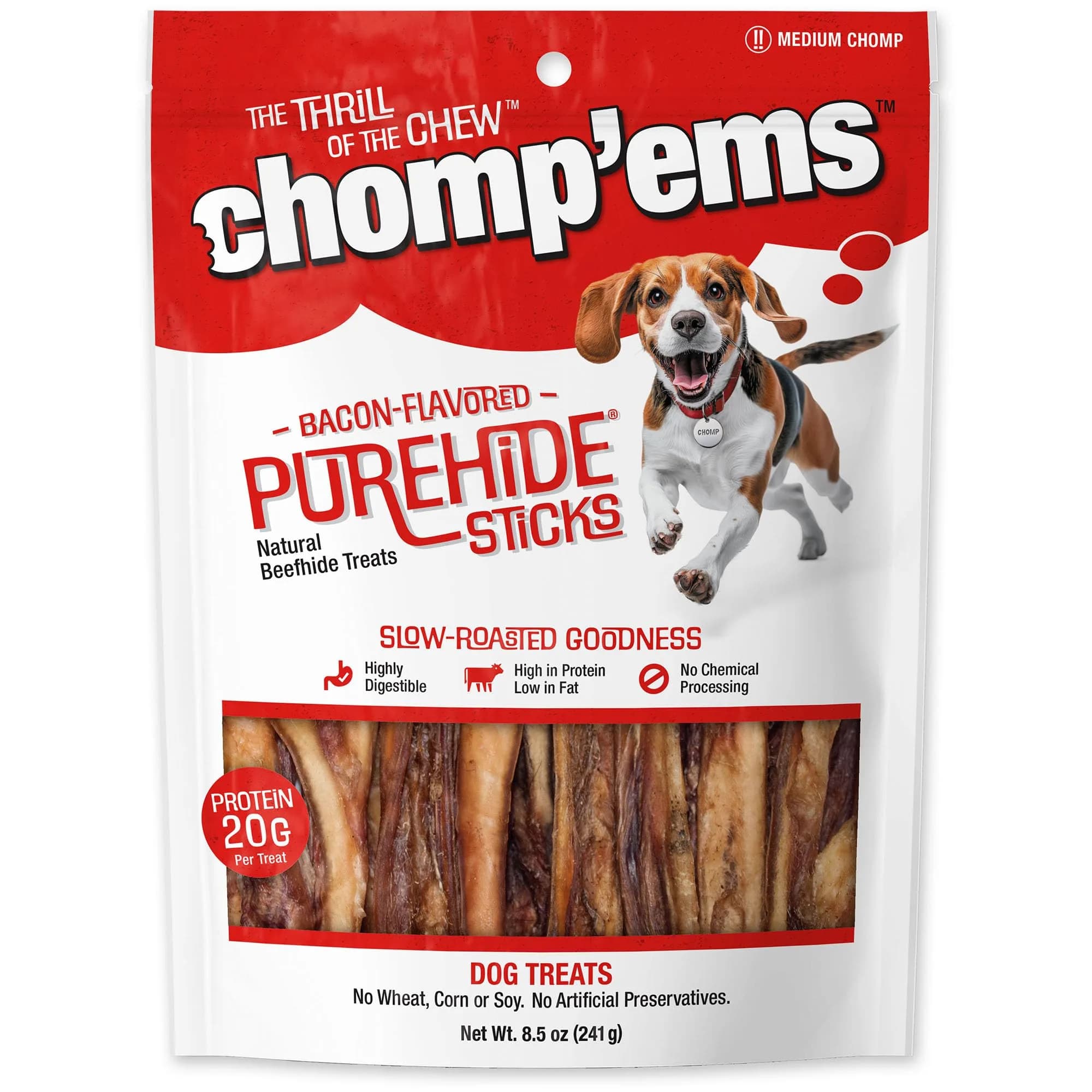 CHOMP 'EMS Purehide Bacon Flavored Sticks 8.5 oz | Long-Lasting, Protein-Rich Dog Chews — 8.5 Ounce
