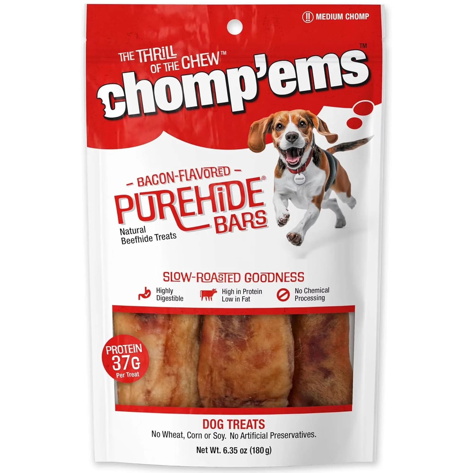 CHOMP 'EMS Bacon Flavored Purehide Sticks 12 oz | Natural Beefhide Dog Chews for All Sizes — 6.35 Ounce / Purehide Bars