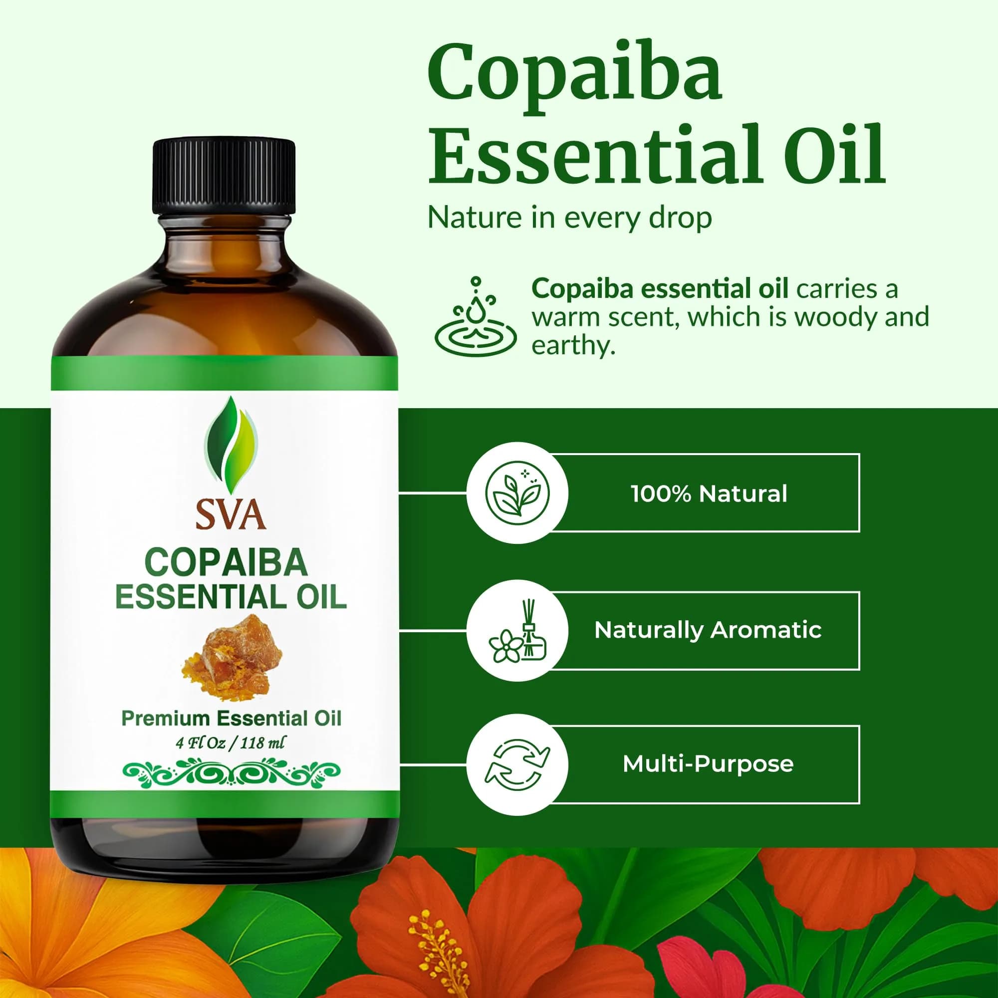 SVA ORGANICS Copaiba Essential Oil 118 ml (4 Fl Oz) | Steam Distilled, Natural Aroma for Diffuser, Skin & Hair Care - view 2