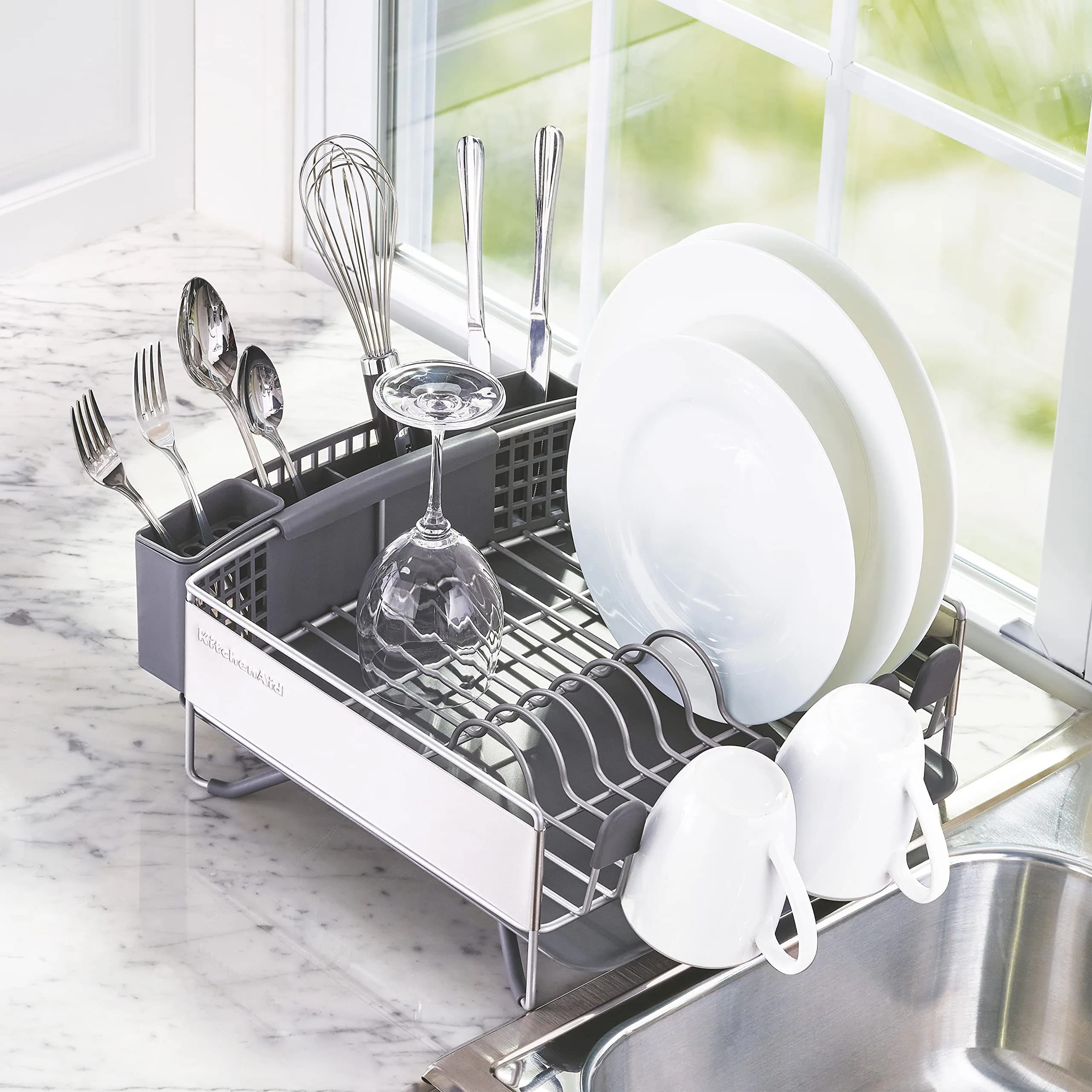 KitchenAid Compact Dish Rack with Removable Flatware Caddy & Self-Draining Board, Satin Gray | Space-Saving Kitchen Organizer - view 4