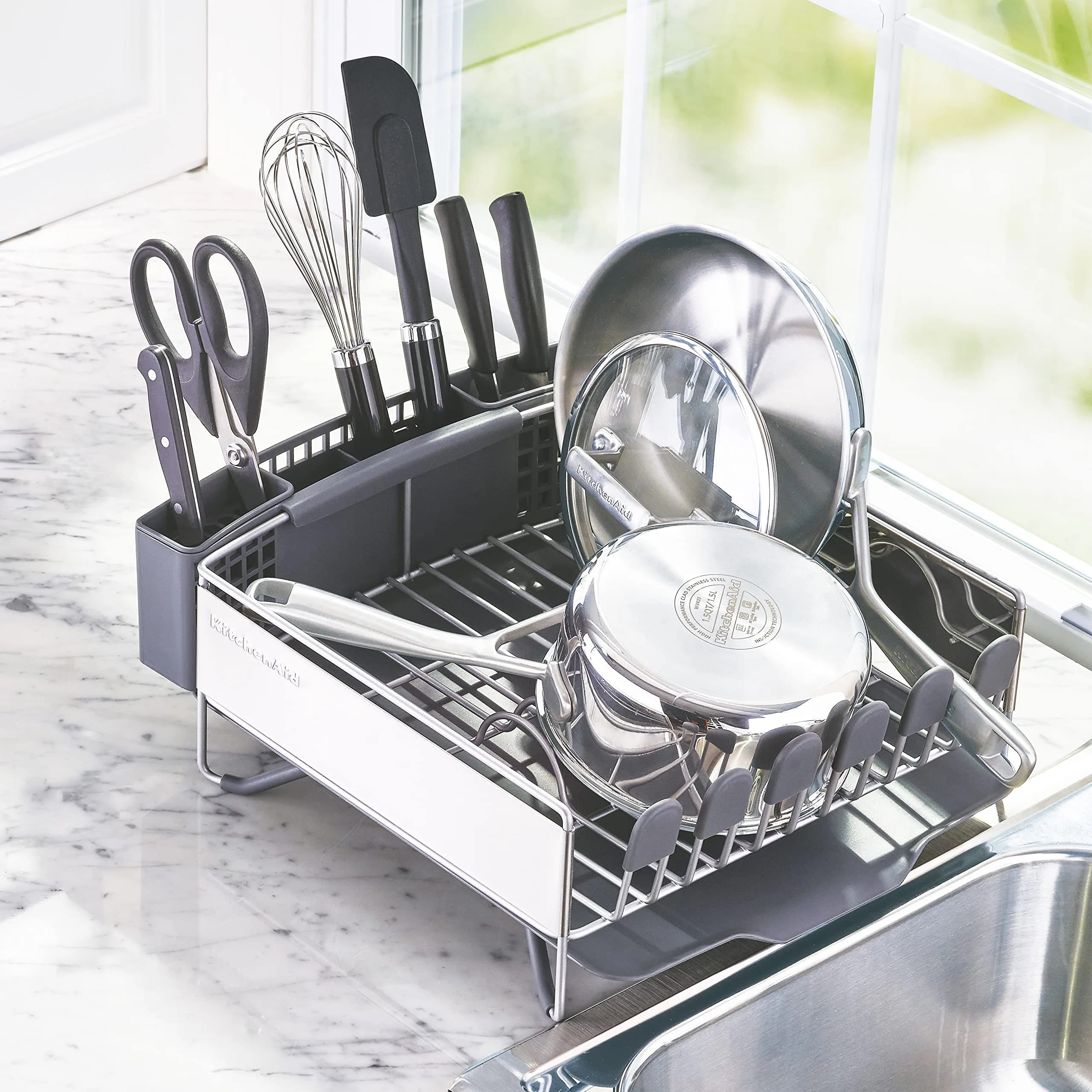 KitchenAid Compact Dish Rack with Removable Flatware Caddy & Self-Draining Board, Satin Gray | Space-Saving Kitchen Organizer - view 5