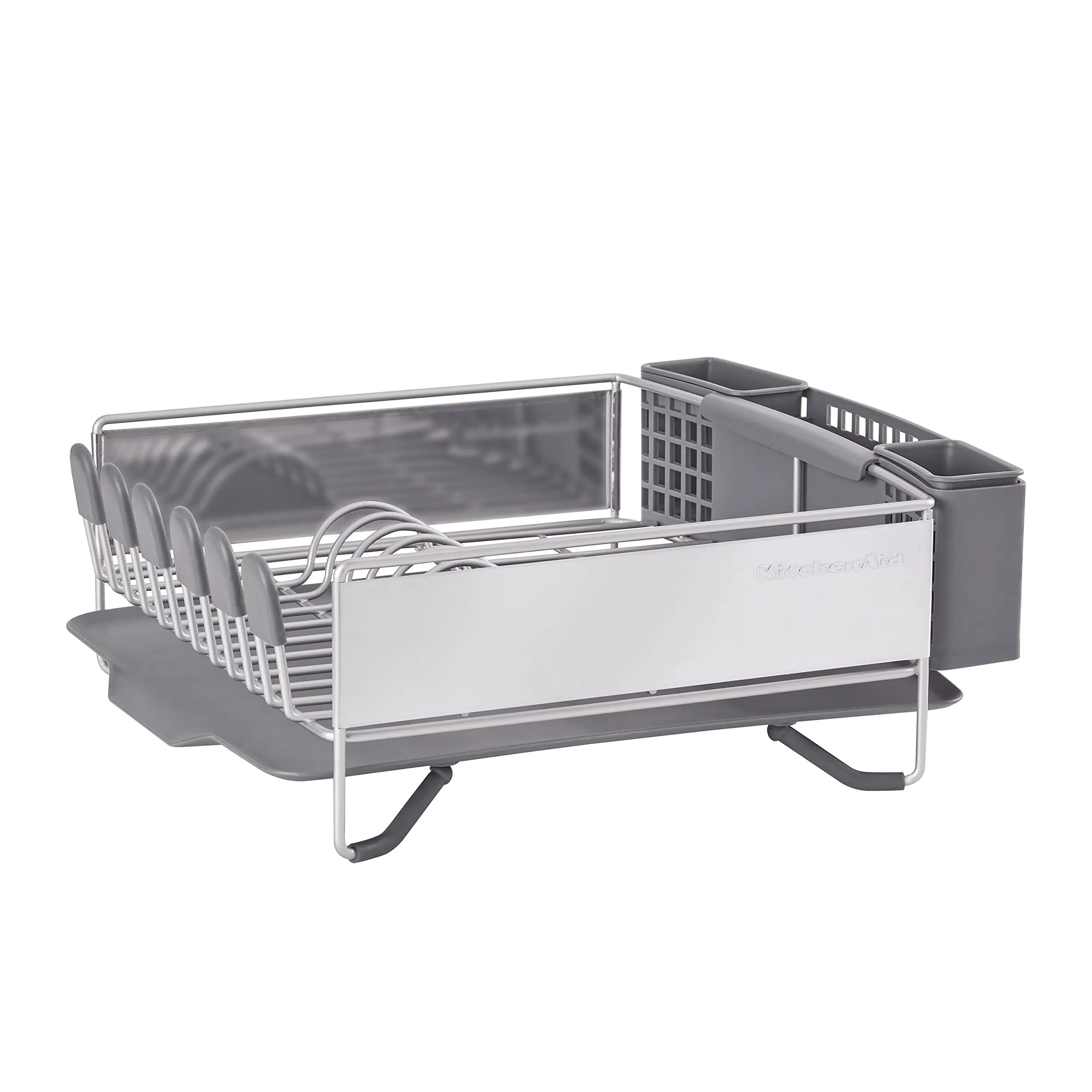 KitchenAid Large Capacity Full Size Rust Resistant Dish Rack with Angled Drain Board and Removable Flatware Caddy, Light Grey | 52.07 cm (20.47 in) Wide — Gray / Compact