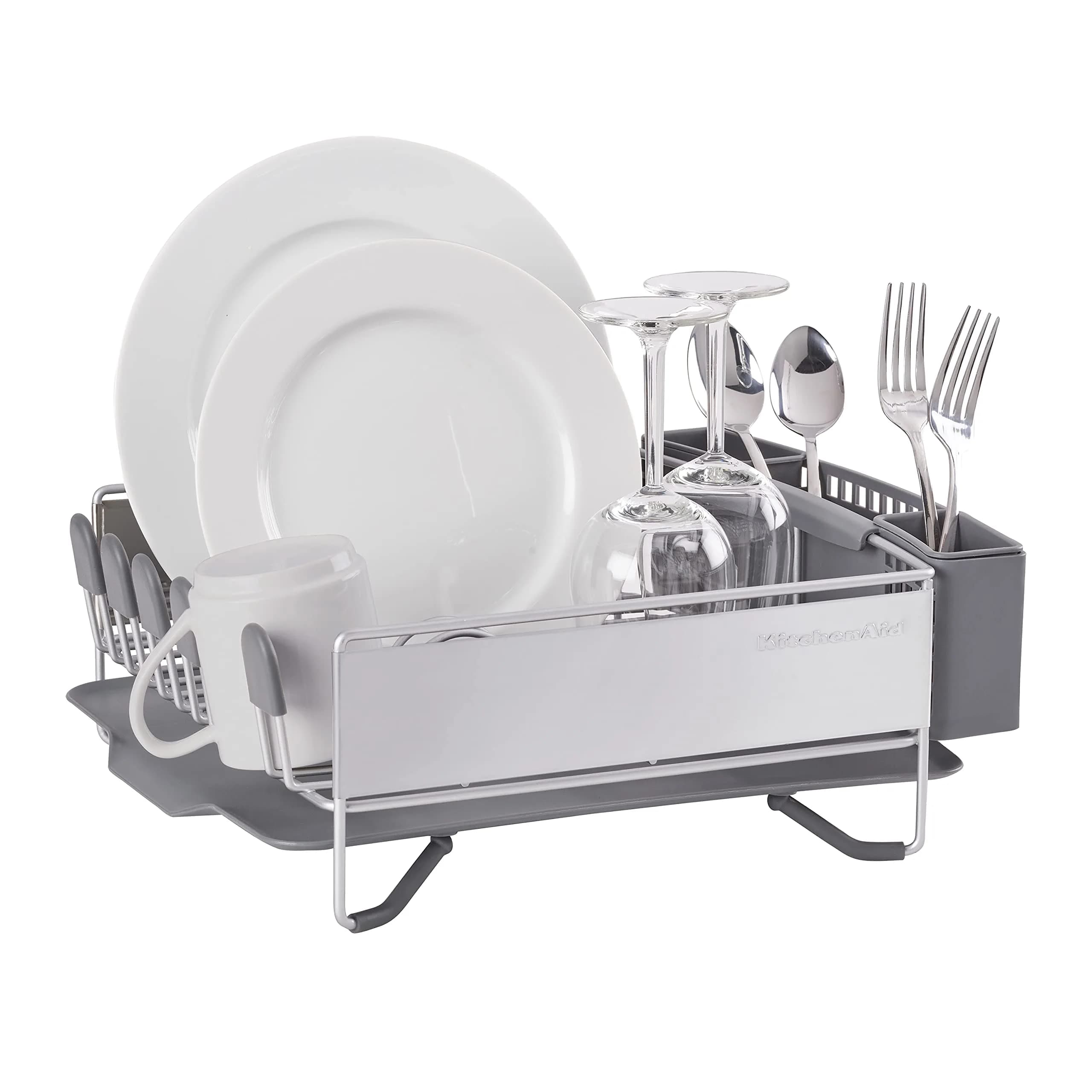 KitchenAid Compact Dish Rack with Removable Flatware Caddy & Self-Draining Board, Satin Gray | Space-Saving Kitchen Organizer - view 2