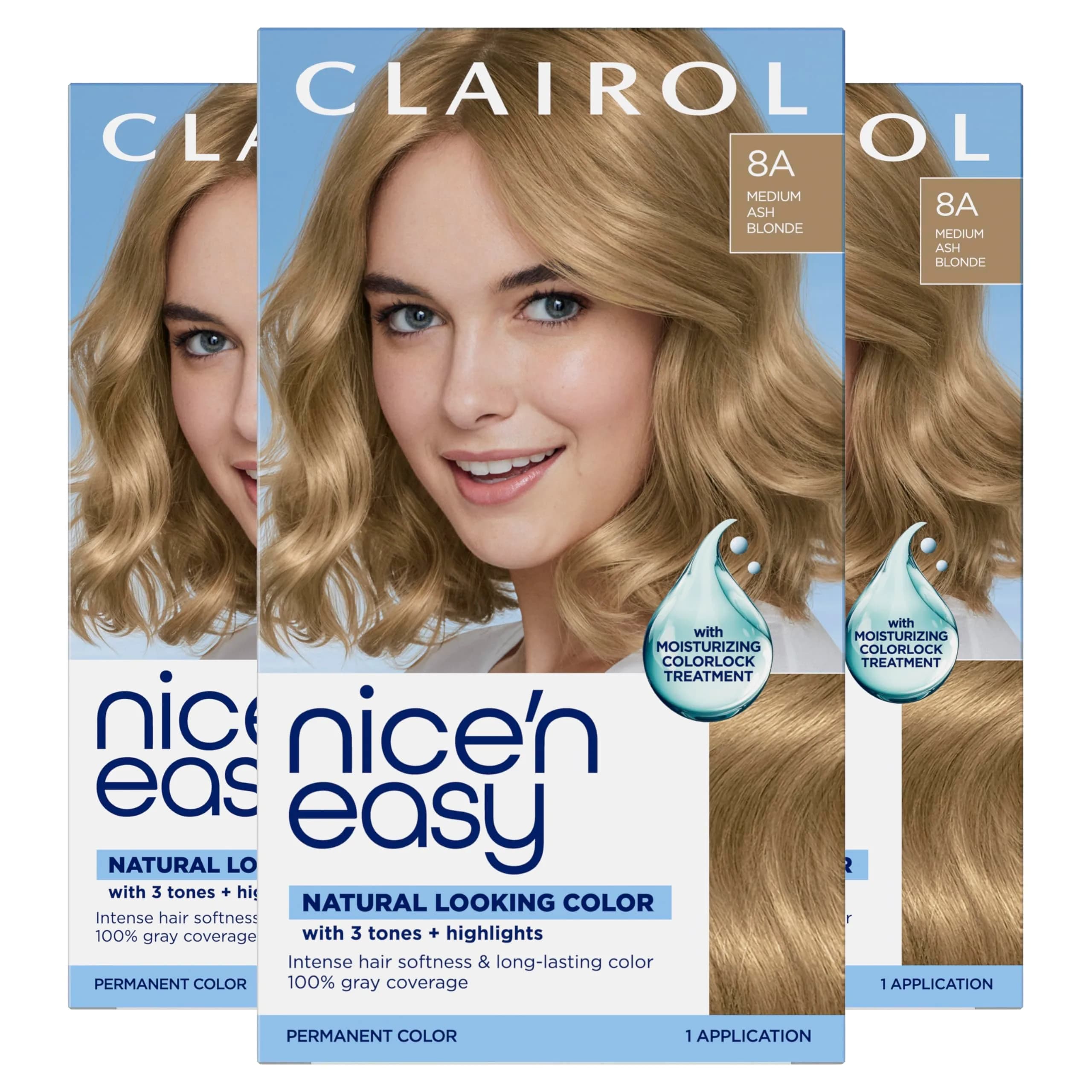 Clairol Nice'n Easy Permanent Hair Dye 8A Medium Ash Blonde | 6.26 Fl Oz (Pack of 3) - main product image
