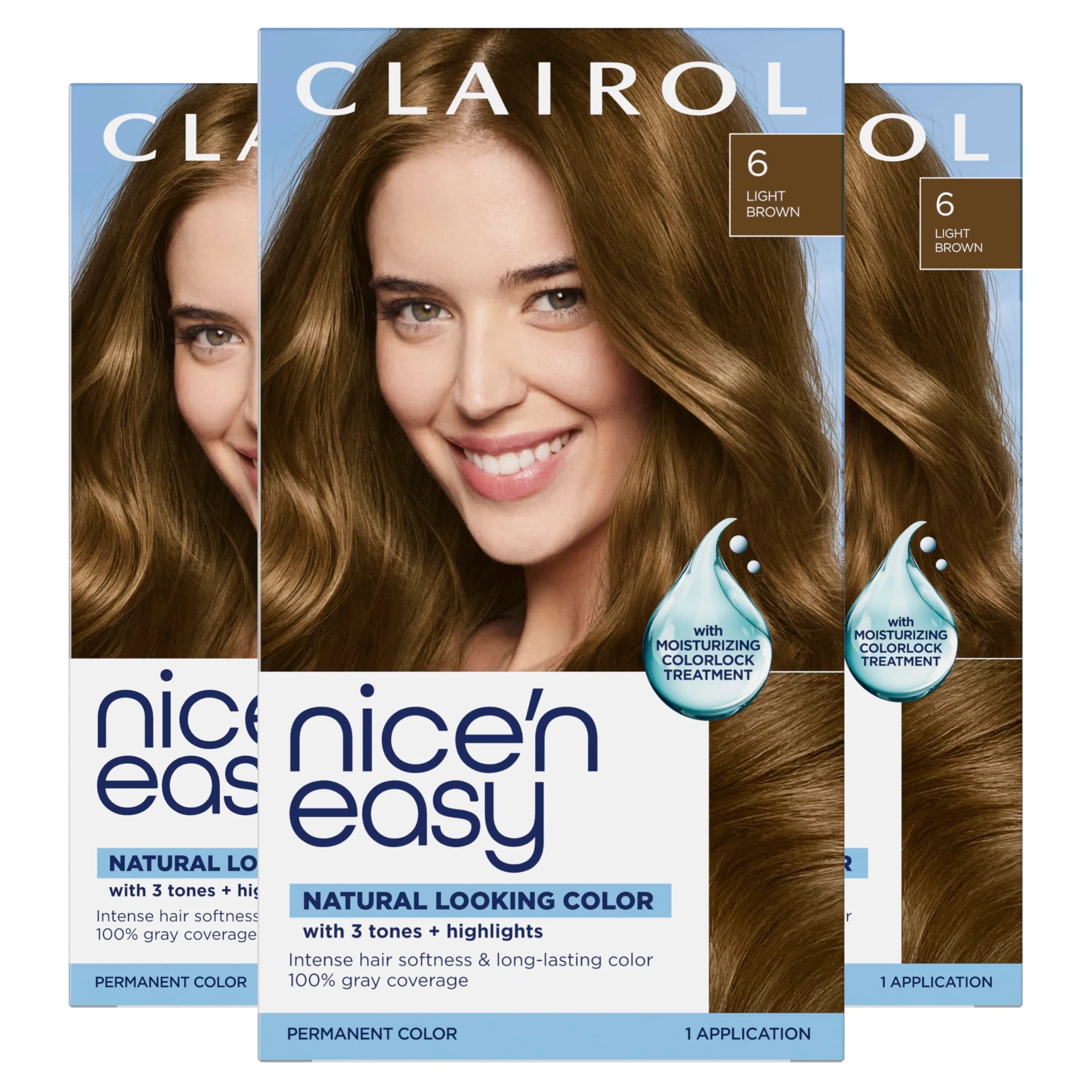 Clairol Nice'n Easy Permanent Hair Dye - 6 Light Brown, 3 Count | 100% Gray Coverage - main product image
