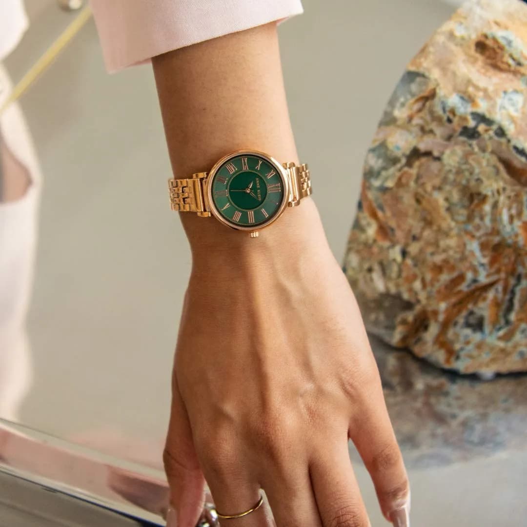 Anne Klein Women's Rose Gold-Tone & Green Crystal Bracelet Watch 30mm - view 2