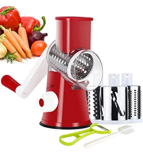 Ourokhome Rotary Cheese Grater Hand Crank | 3 Blades for Cheese & Vegetables, 304 Stainless Steel, Red thumbnail 1