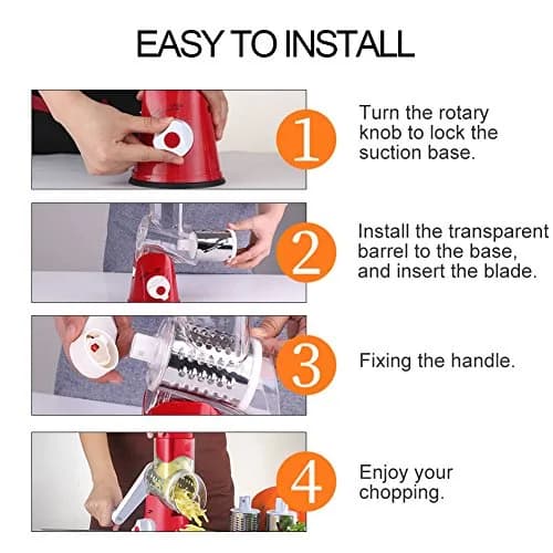 Ourokhome Rotary Cheese Grater Hand Crank | 3 Blades for Cheese & Vegetables, 304 Stainless Steel, Red thumbnail 7
