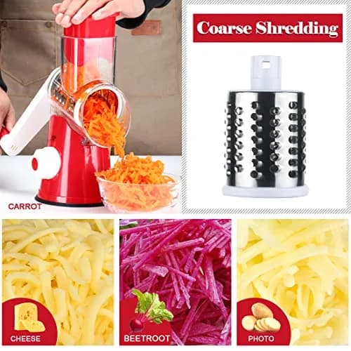 Ourokhome Rotary Cheese Grater Hand Crank | 3 Blades for Cheese & Vegetables, 304 Stainless Steel, Red thumbnail 3
