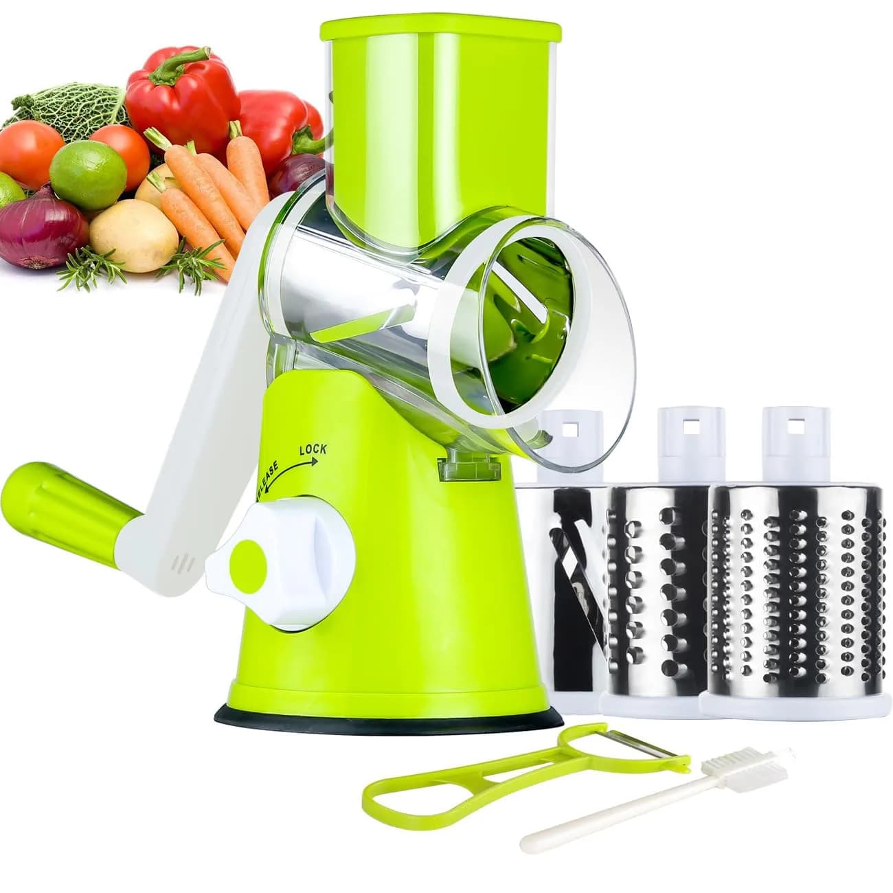 Ourokhome Rotary Cheese Grater Hand Crank | 3 Blades for Cheese, Vegetables & Nuts, Green