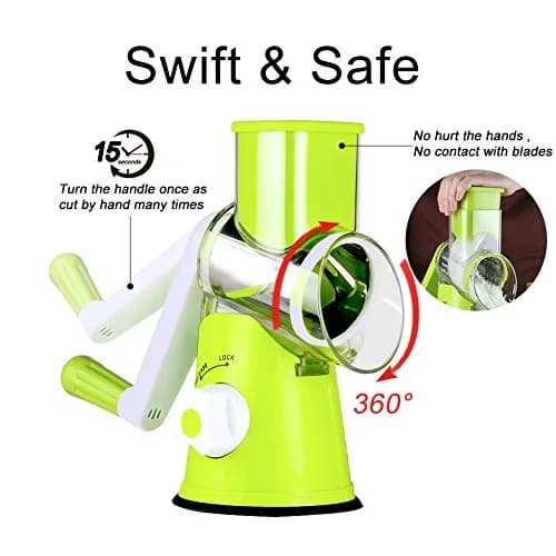 Ourokhome Rotary Cheese Grater Hand Crank | 3 Blades for Cheese, Vegetables & Nuts, Green thumbnail 7