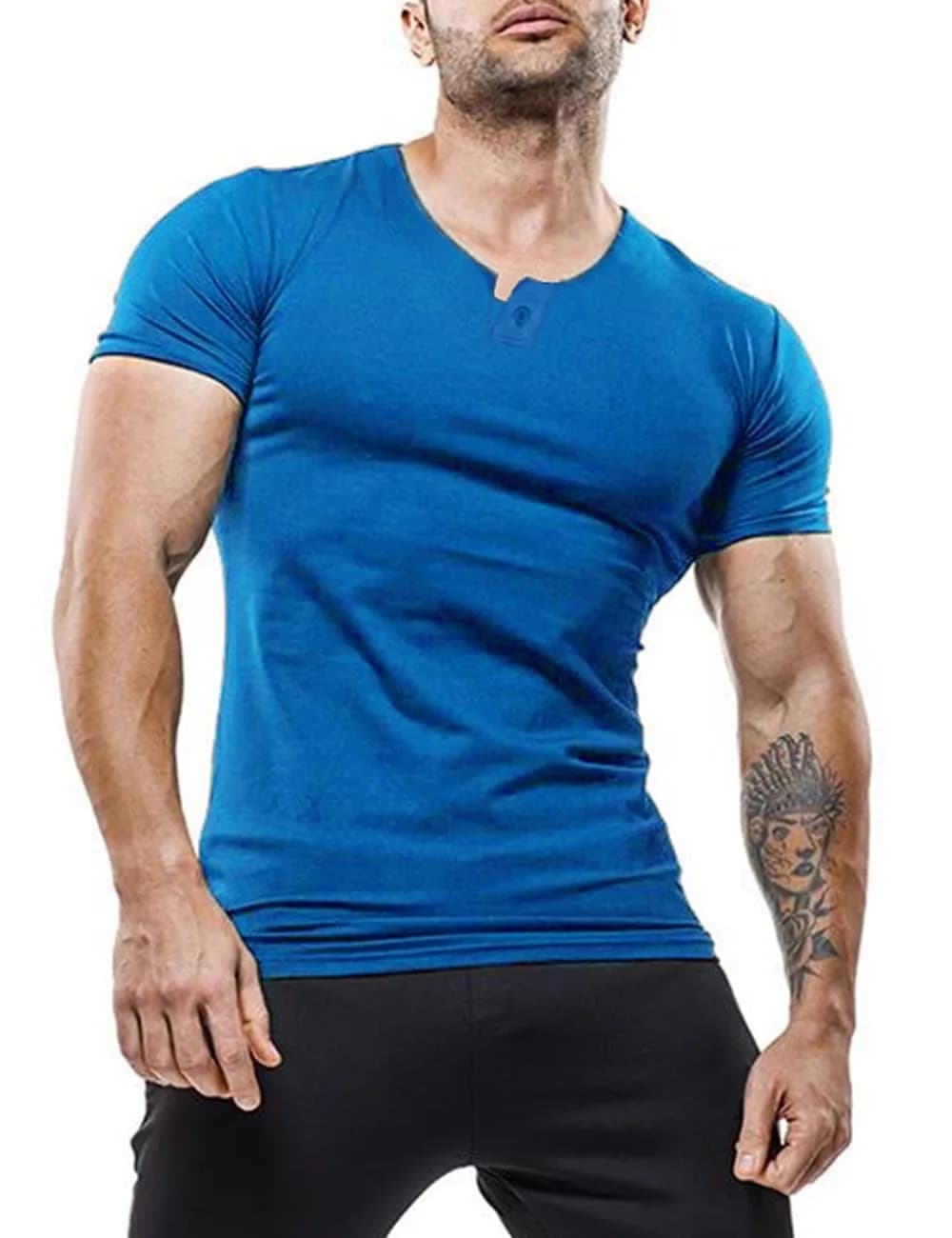 palglg Mens Short Sleeve Cotton Slim Fitted Sport Henley T-Shirt with Button Blue S | Soft, Stretchy Cotton, Casual & Athletic Fit