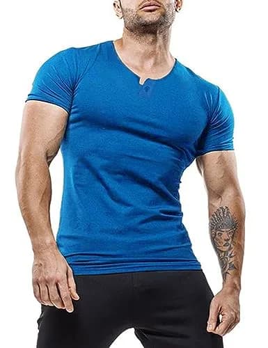 palglg Mens Short Sleeve Cotton Slim Fitted Sport Henley T-Shirt with Button Blue S | Soft, Stretchy Cotton, Casual & Athletic Fit thumbnail 1