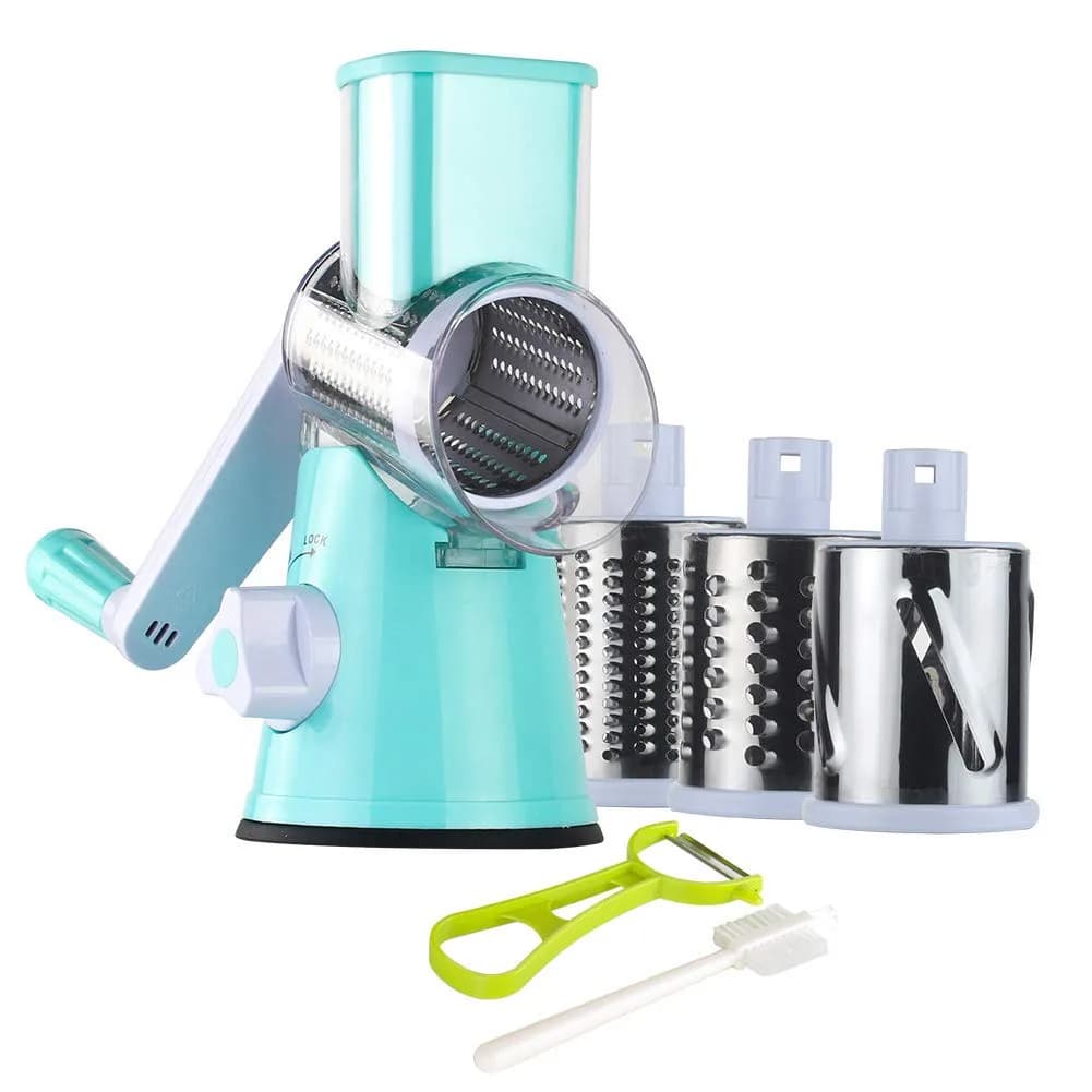 Ourokhome Rotary Cheese Grater Hand Crank | 3 Blades for Cheese & Vegetables, Blue