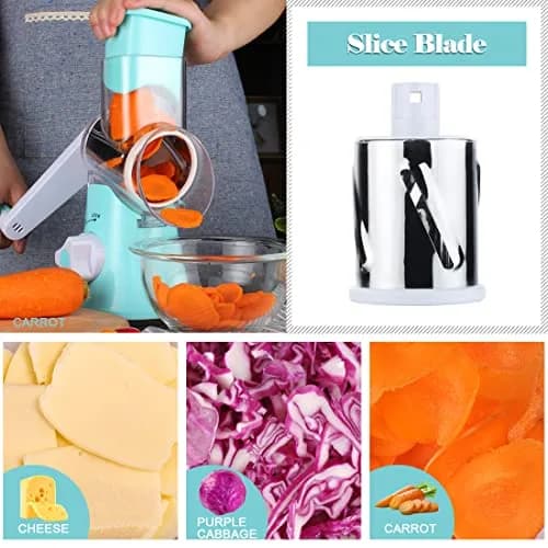 Ourokhome Rotary Cheese Grater Hand Crank | 3 Blades for Cheese & Vegetables, Blue thumbnail 3