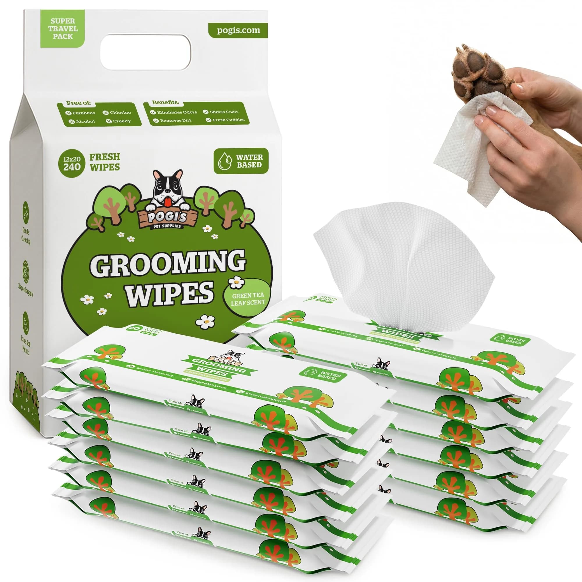 Pogi's Dog Grooming Wipes for Paws & Butt 240 Count | Green Tea Scent, Large 8 x 9 Inch, Hypoallergenic